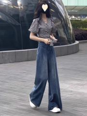 复古蓝阔腿牛仔裤女夏季薄款大码胖高腰宽松显瘦垂感直筒裤