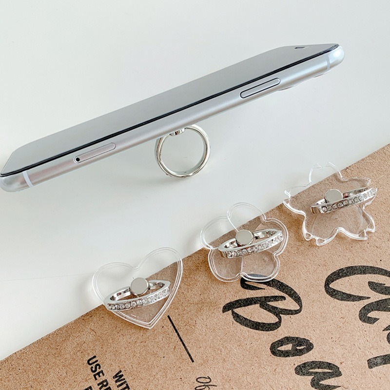 Diamond-embedded transparent mobile phone ring buckle bracket 360 ° rotating desktop universal support frame strong paste ultra-thin ring
