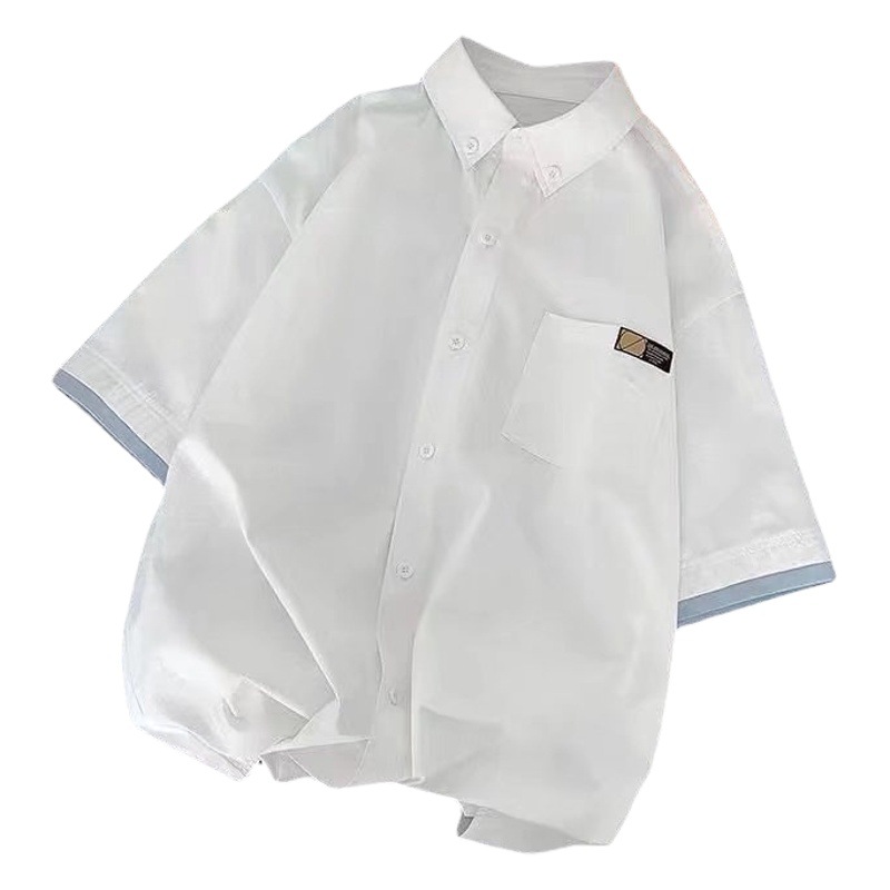 Camisa de manga corta de verano de los hombres de color sólido casual estilo Hong Kong ins suelta estilo japonés moda falsa chaqueta de camisa de dos piezas