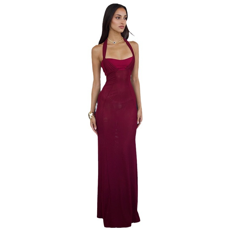 2024 verano nueva estación independiente de ropa de mujer europea y americana temperamento sexy cuello colgante delgado empalme mochila vestido de cadera