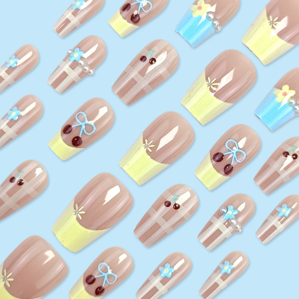 Lindas uñas de uñas de flores, estilo explosivo, parche de uñas impermeable de diamantes, 24 piezas francesas, uñas especiales para uñas