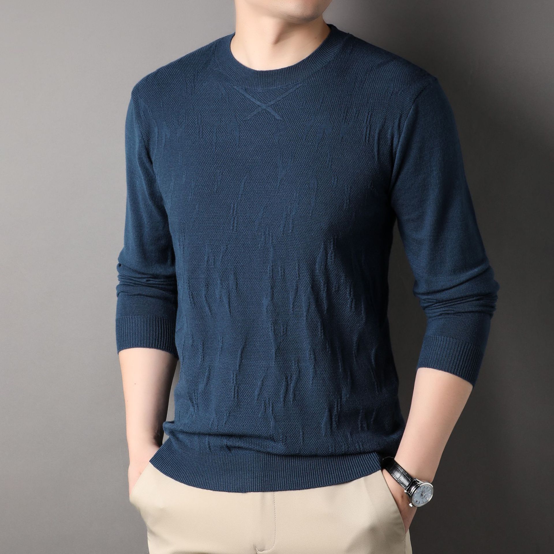 2024 New Spring and Autumn Middle aged Men's Solid Color Knitted Shirt, Round Neck Inner Undercover, Long Sleeve T-shirt_voghion.com