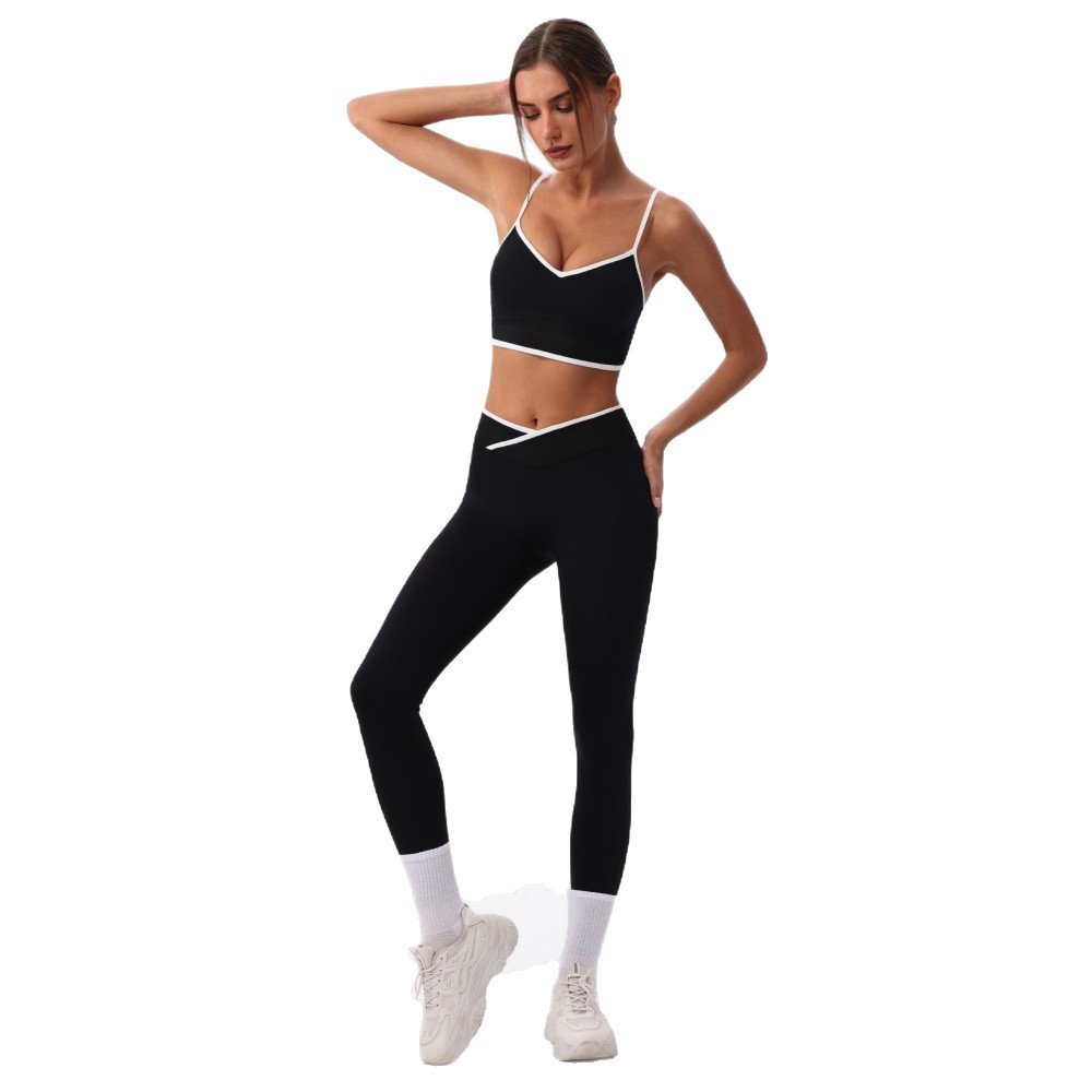 Chaleco deportivo de color contrastante trajes de yoga cruzados cintura alta caderas pantalones ajustados set 2026 nuevos trajes de ejercicio
