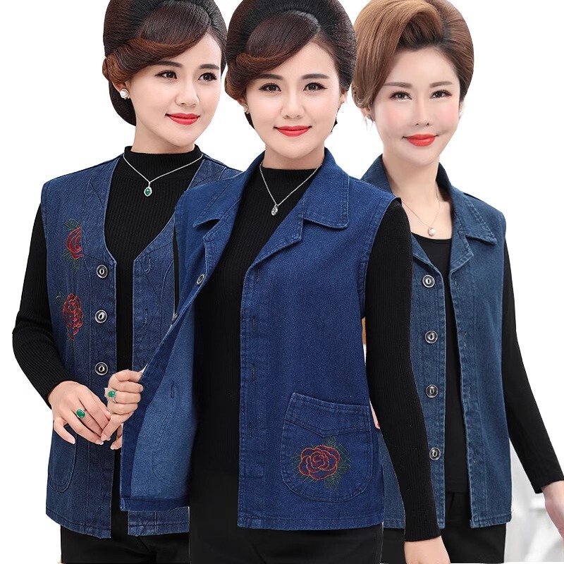 Mom's Spring Vest Jacket New Denim Vest for Middle-aged and Elderly Women's Clothes Grandma's Autumn Horse Clip
