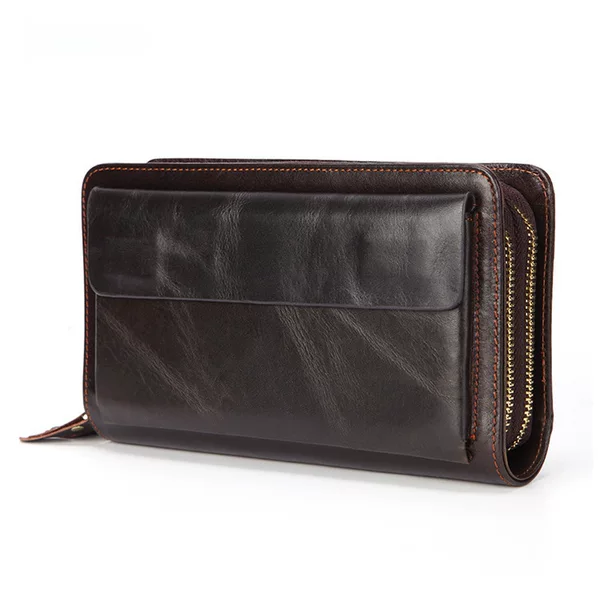 Spot hot selling first layer leather men's wallet long oil wax leather double zipper bag vintage men's bag a generation of hair