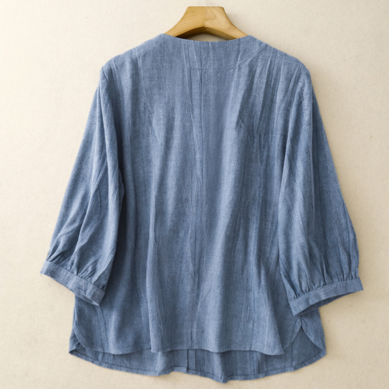 Women's Solid Color Button Down Cardigan Shirt Heavy Duty Cotton Linen Round Neck Three Quarter Sleeves Loose Fit Artistic Versatile Breathable Top_ecoleips.com