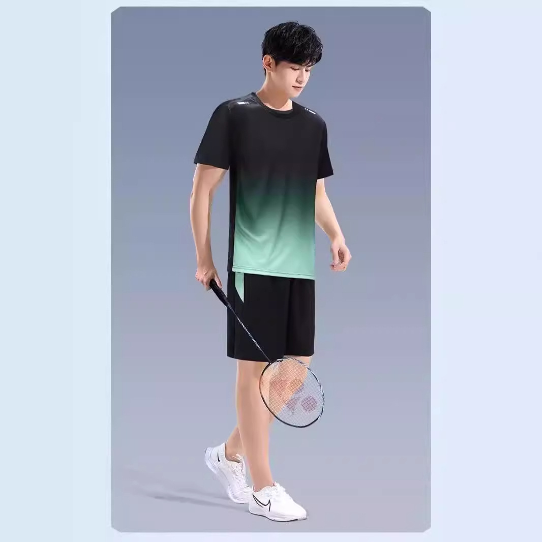 피트니스 옷 남자 아이스 실크 반팔 티셔츠 빠른 건조 여름 운동복 세트 농구 모닝 러너 반바지 훈련실