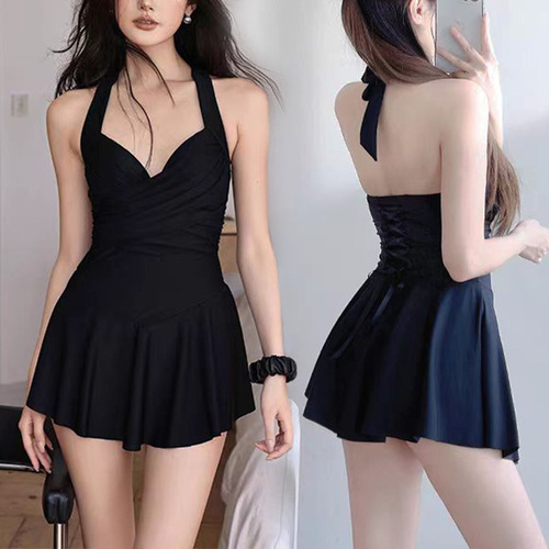 Swimsuits for women one-piece solid color new steel support gathering to cover flesh to make them look slim and black skirt soaking hot spring swimsuit professional wholesale