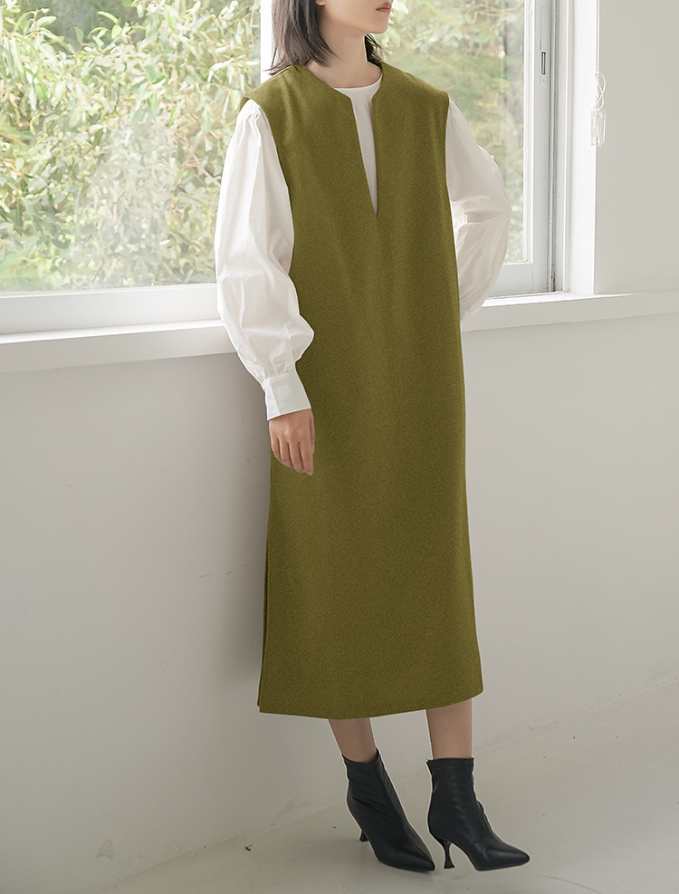 Real Shot Letian Autumn Winter 4 Color Woolen Coat Women V neck Solid Color Sleeveless Waistcoat Dress Outer Wear