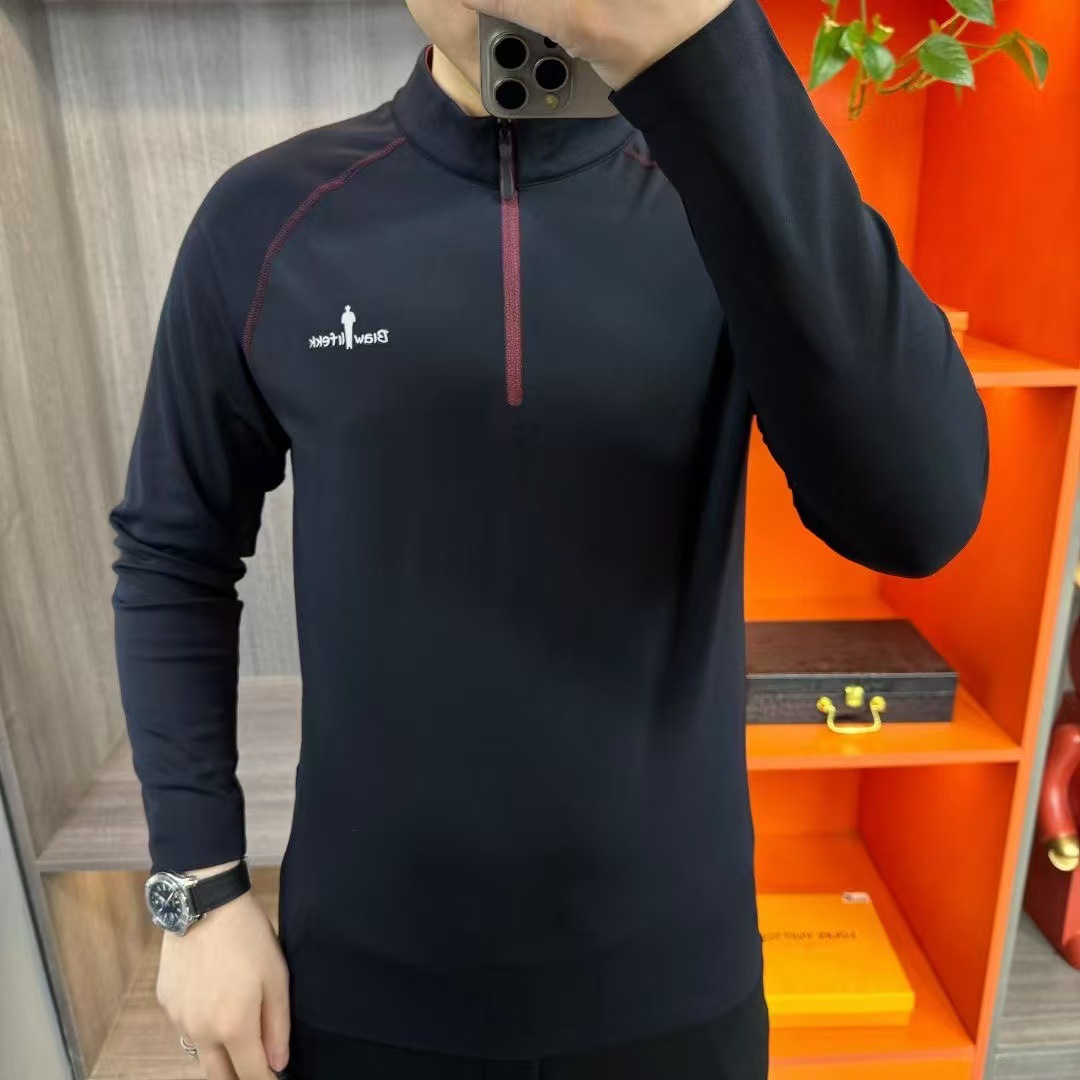 2024 가을과 겨울 새로운 남성 간단한 패션 지퍼 하프 하이 칼라 긴팔 바닥 셔츠 야외 스포츠 올 매치 티셔츠