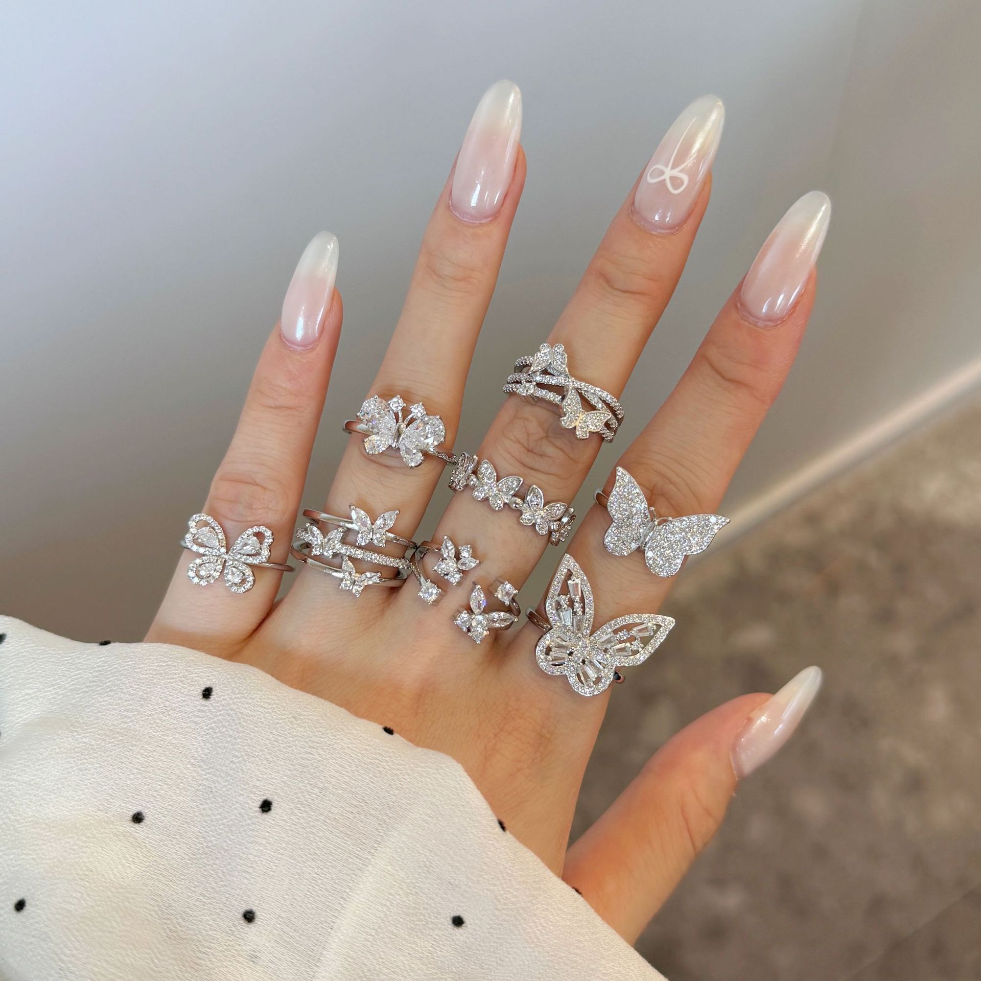 5g Weight Zircon Inlay Material Open Rings, Rings Classification 6, 9, Adjustable Ring Size 1 Piece Quantity Daily, Tea Party Occasion 925 Sterling Silver Material Butterfly Pattern Women's Gender Inlay Design Sweet, Shiny Style 925 Sterling Silver Zircon Butterfly Open Rings Rings 3
