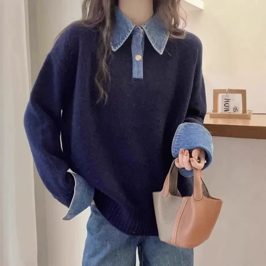 牛仔袖拼接假两件毛衣女秋冬2025新款宽松POLO领针织衫羊毛上衣..