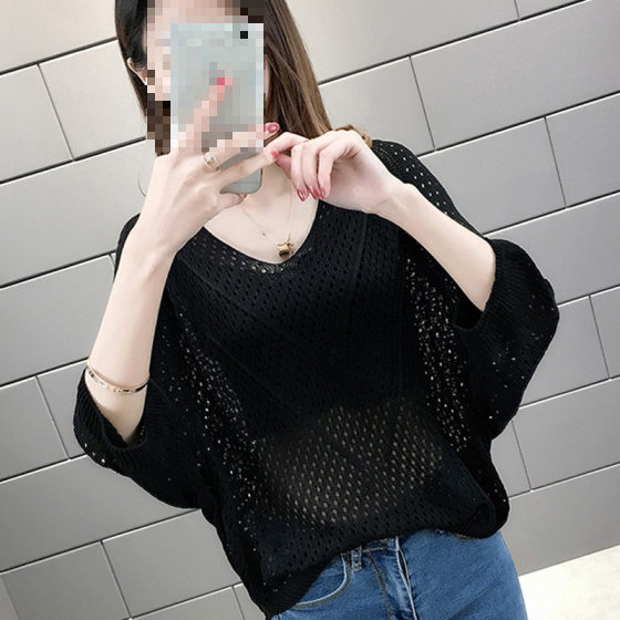 2025 Summer Knitwear Women's All-match Shirt Thin Mesh Blouse Collar Top Loose Hollow Batmobile Trendy Shirt
