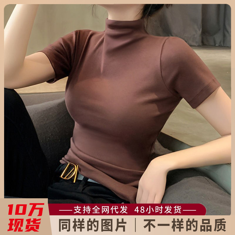 Black Short-sleeved T-shirt Women's Modal Half-high Collar Base Shirt with Spring and Summer Western Style Thin Half-sleeved Top ins