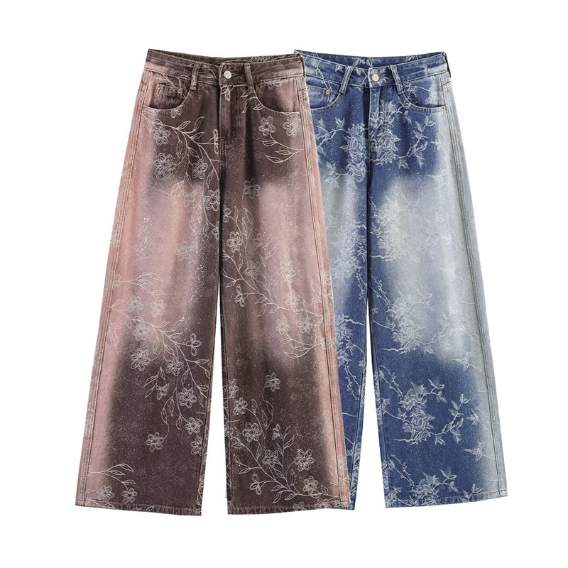 Cross-Border Women's Clothing Wholesale 2026 New Spring and Summer Simple Vintage Style Non-Stretch Jacquard Shiny Silver Wide-Leg Jeans Cross-Border Women's Clothing Wholesale 2026 New Spring and Summer Simple Vintage Style Non-Stretch Jacquard Shiny Silver Wide-Leg Jeans