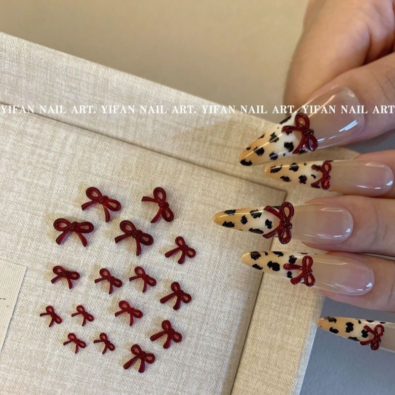 New Internet Celebrity Sexy Leopard Print French Bow Manicure Nail Accessories Mini Burgundy N88