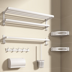 White Bathroom Shelf Set with Foldable Towel Bar, No-Drill Space Aluminum Bath Towel Rack, and Bathroom Storage Kit