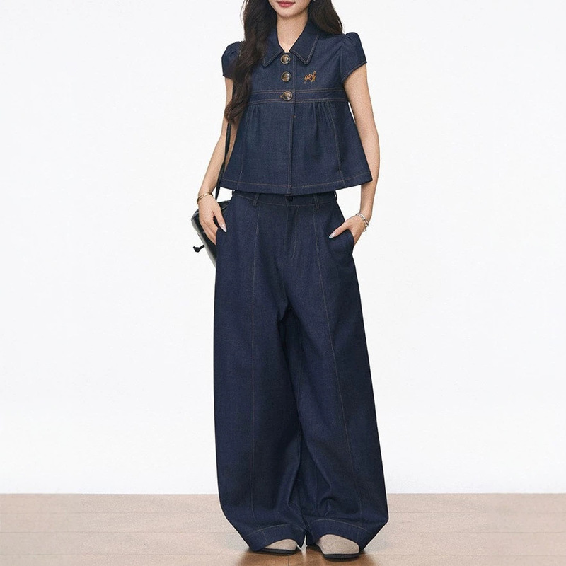 Westayone Faux Denim Shirt Top Set + Faux Denim Straight-Leg Casual Wide-Leg Pants Westayone Faux Denim Shirt Top Set + Faux Denim Straight-Leg Casual Wide-Leg Pants