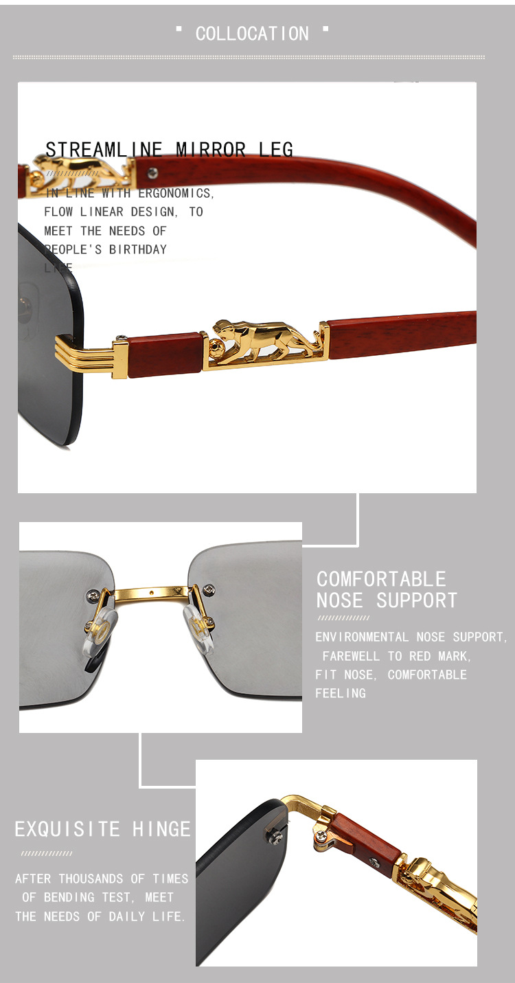 New trendy design rimless men's sunglasses trendy sunglasses wood grain leopard head sunglasses_voghion.com