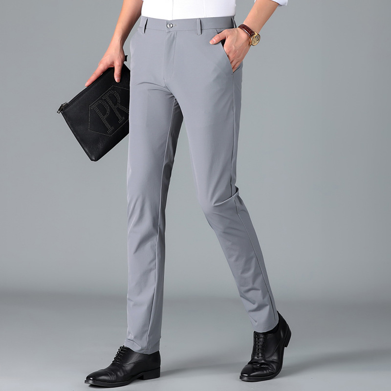 Summer Ice Silk Trousers Men's Casual Trousers Black Thin Elastic Slim Business Straight Suit Long Trousers Men's Style