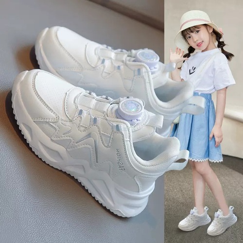 Girls' Shoes Sports Shoes 2024 Spring and Autumn New Children's Dad's Shoes for Big Children and Students Swivel Button White Shoes