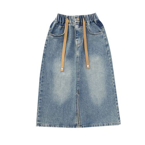 Little Girl Denim Half-length Skirt 2024 Spring and Autumn New Style Medium and Large Children's Long Dress Children's Stylish Slit Skirt Children's Fashion