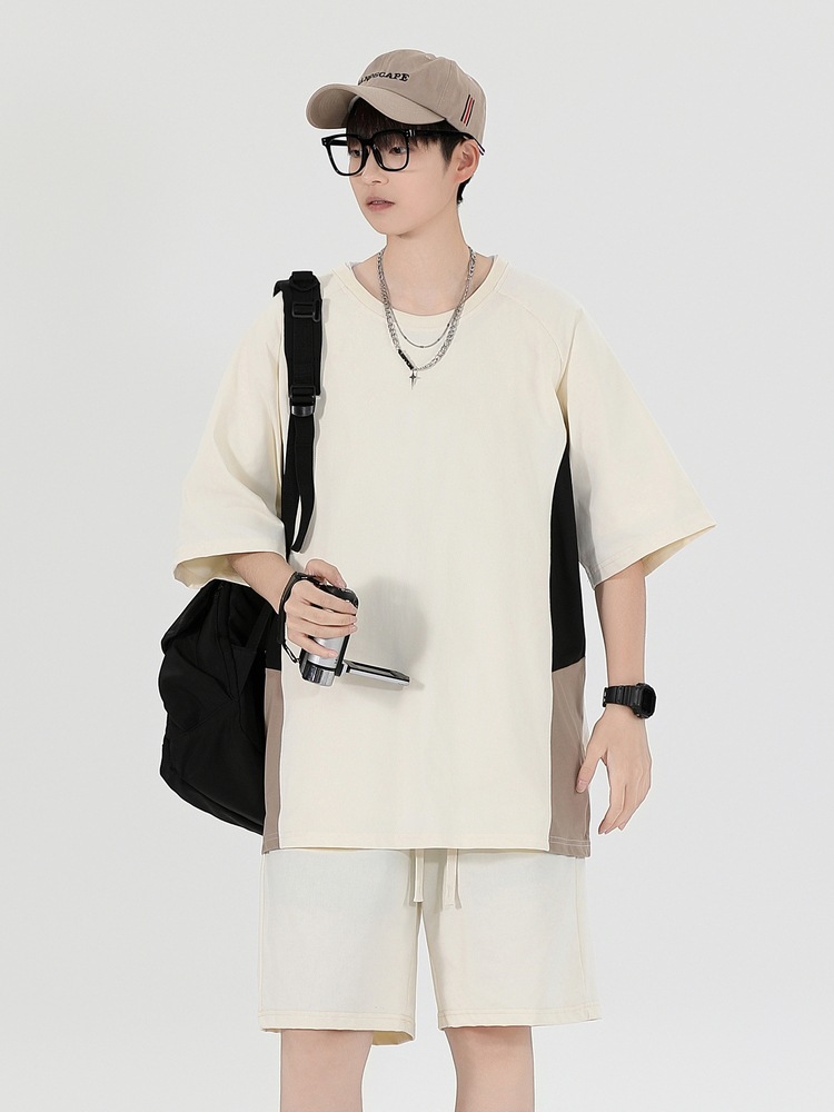 Pantalones cortos sueltos de manga corta a juego de color de verano, traje deportivo casual, traje de dos piezas de moda para jóvenes y estudiantes varones