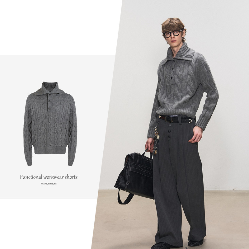 【Csmy】Manuscript British-Style Stand-Up Collar Sweater, Old Money Three-Dimensional Chunky Knit Button-Up Cable Knit Sweater for Men