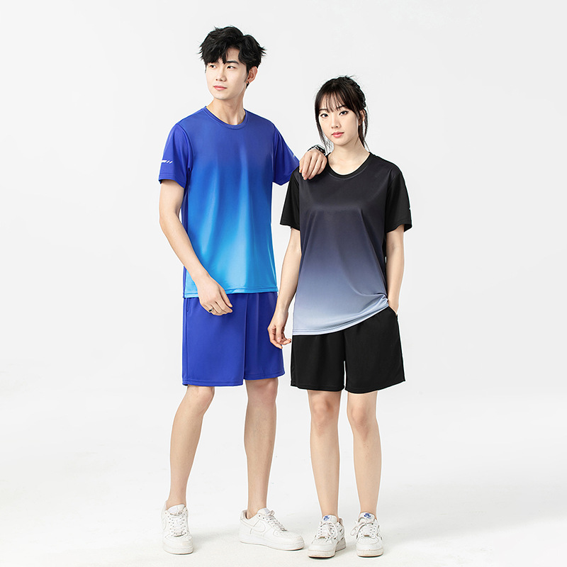 Verano deportivo gradiente pareja juego de correr mangas cortas pantalones cortos hielo rápido secado moda deportivo dos piezas juego al por mayor