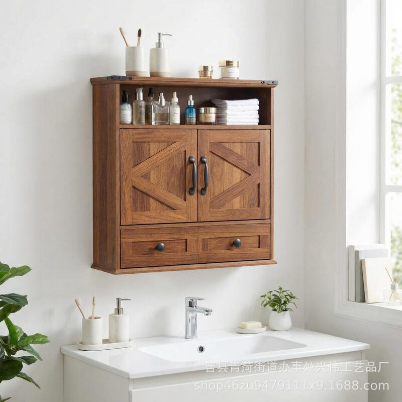 Wooden Storage Cabinet, Hanging Wall-Mounted Bathroom Cabinet, Medicine Cabinet, Multi-Layer Storage Cabinet, Kitchen Seasoning Double-Door Cabinet