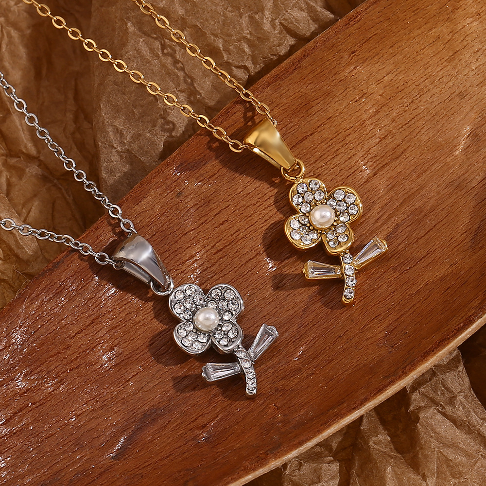 Diamond Flower Stainless Steel Necklace