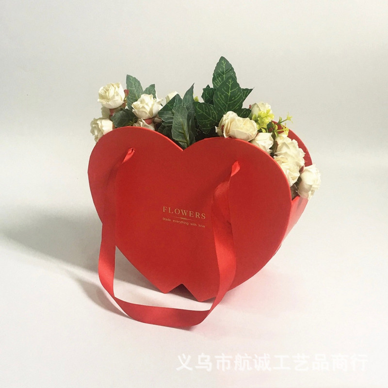 新款单个纯色心心相印桃心Flower鲜花花束礼盒手提情人节惊喜盒子