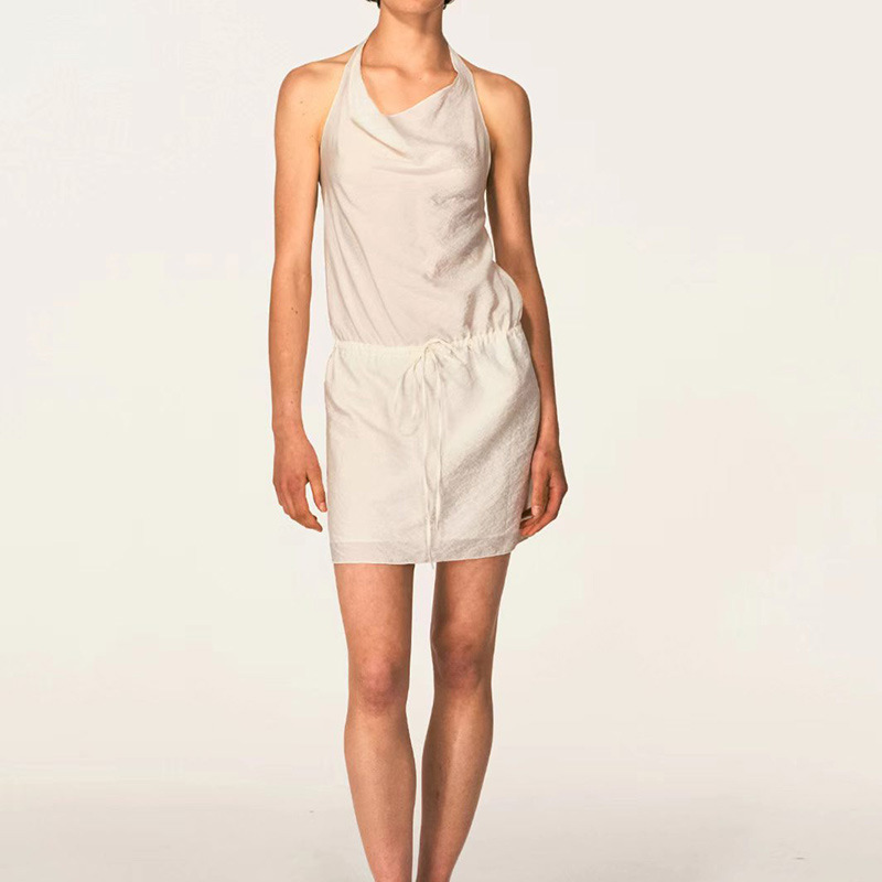 In Stock Alrigh Silk Texture Drawstring Waist Halter Neck Strap Dress 2026 New Model