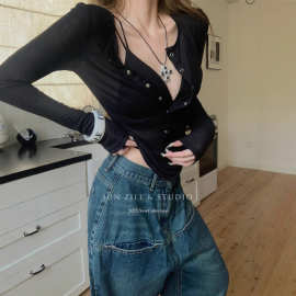 上衣初秋长袖套头打底衫女秋季新款辣妹修身显瘦微透网纱罩衫T恤