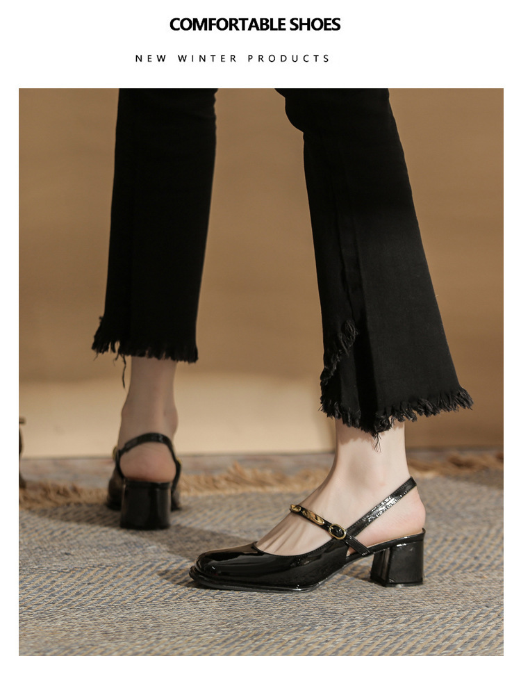 Sandal cao gót nữ hở mũi mũi vuông gót thô 9 cm — màu đen chi tiết 18