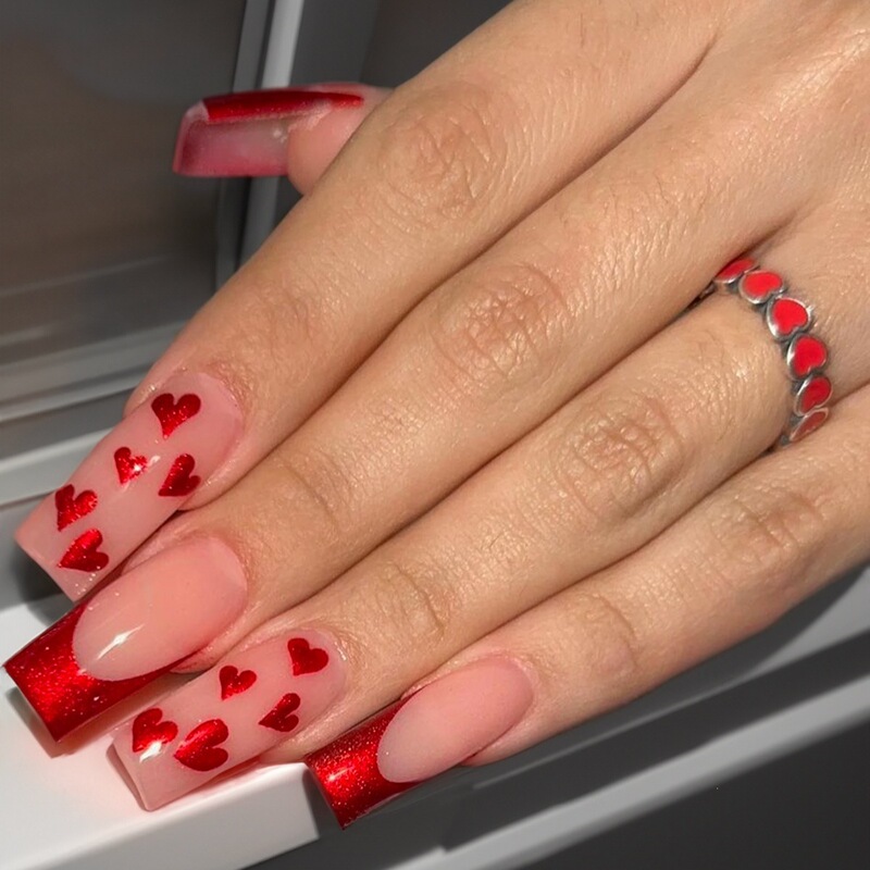 Valentine's Day Sweet and Cool Red Pink Heart-Shaped Glitter French Manicure Nail Tips, Removable Finished Nails