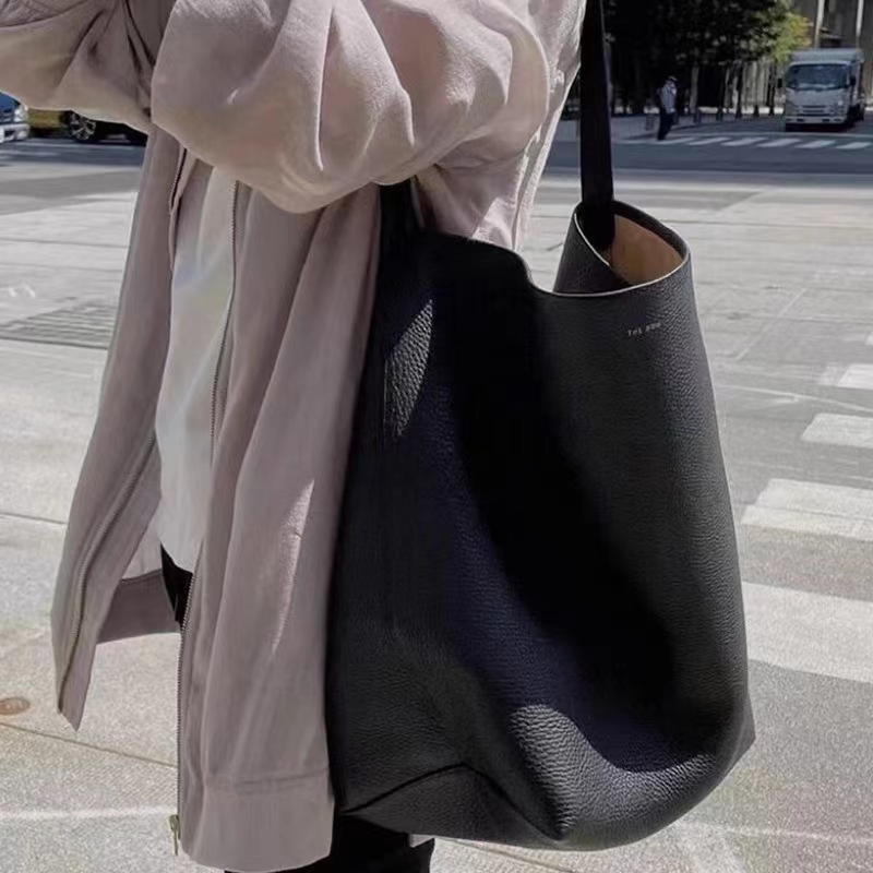 New bucket bag leather women's bag lychee patterned cowhide women's single shoulder large capacity commuting tote bag_voghion.com