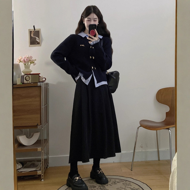 大码秋冬假两件加厚开衫毛衣外套女拼接衬衫搭配半身裙两件套|undefined