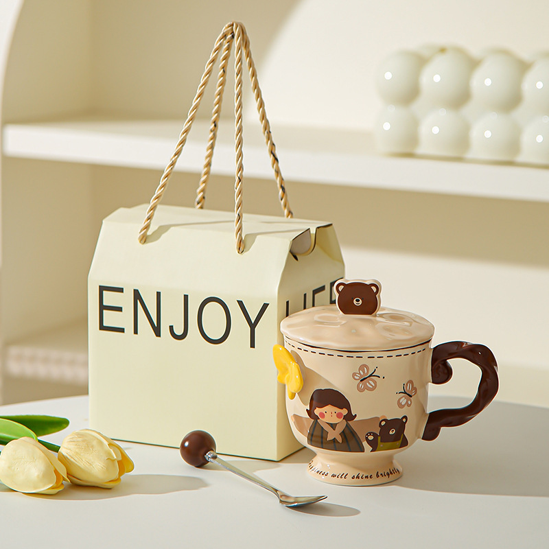 Retro chica taza de pie alto caja de regalo mariposa alta sensación de taza de cerámica con tapa de regalo de cumpleaños de chicas