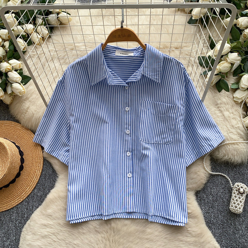 Korean-style commuter yellow striped short-sleeve shirt for women, summer loose fit, slimming, versatile and stylish top, 2026 new model
