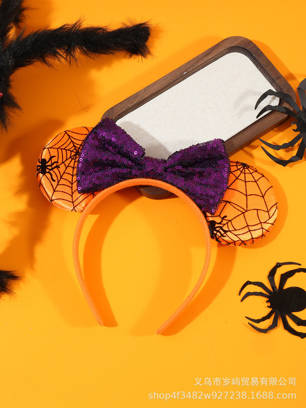 ハロウィンプリントクモの巣カボチャサテンかわいいQバージョンミッキー耳リボンヘッドバンドヘアアクセサリー|undefined