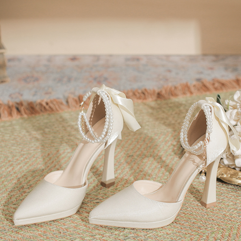 2510-C10 Waterproof Platform 2026 New Style Chunky Heel Pointed Toe Sexy Women's Shoes with Pearl Strap Versatile High Heel Pumps