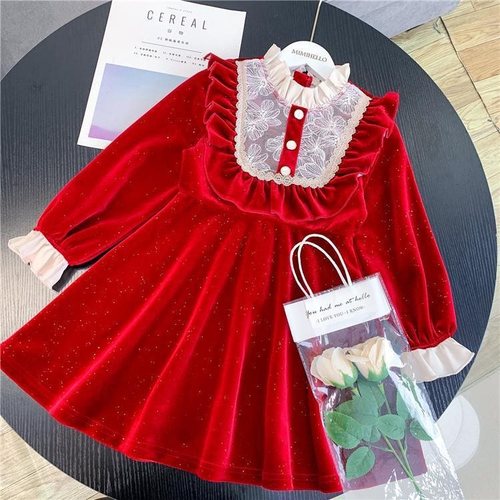 女童春秋连衣裙2022新款儿童韩版丝绒公主裙女孩红色蕾丝洋气裙子