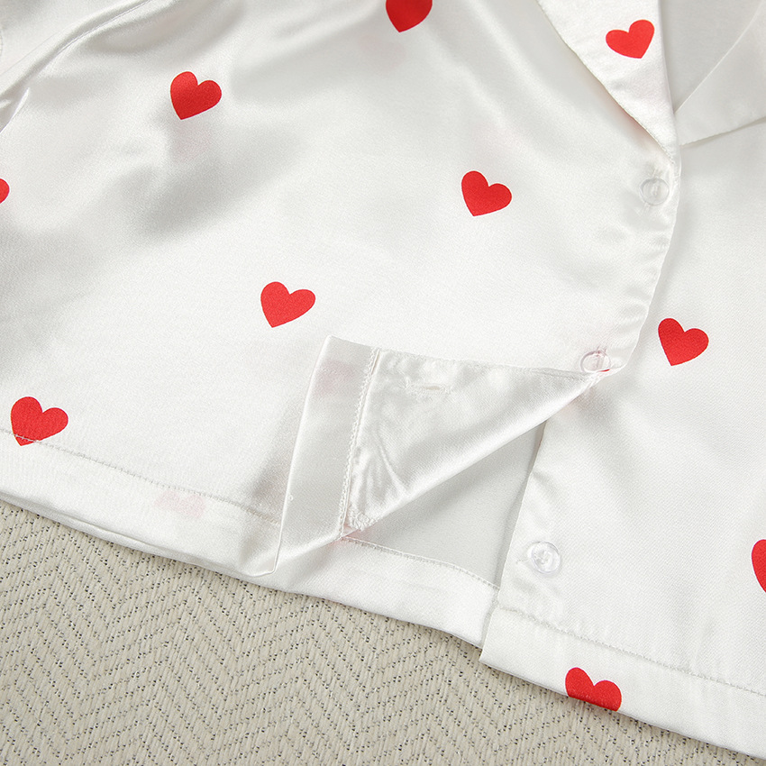 210g Weight Short Sleeve Sleeve Length Pajamas Lingerie Type Polyester, Satin Fabric Type Short Top Length Shorts Sets Sets Type 2 Pieces Set Quantity Home, Daily Occasion Turndown Neckline Breathable Function Regular Fit Fit Type Heart Shape Pattern Winter, Summer, Spring Season Women's Gender Sweet Style Home Daily Women's Sweet Heart Shape Polyester Satin Shorts Sets Pajama Sets 7