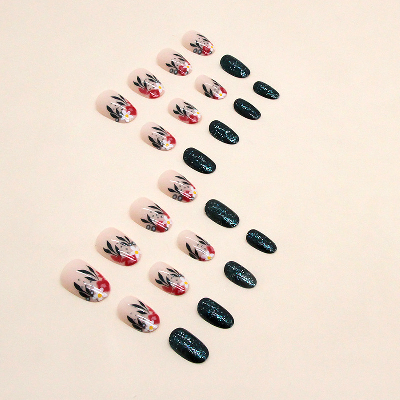 Gentle Flower Green Sparkling Powder False Nails Autumn Style_voghion.com