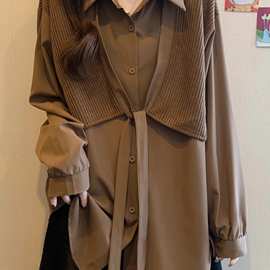 时尚洋气假两件马甲衬衫女士早秋大码胖mm显瘦遮肚衬衣中长款上衣