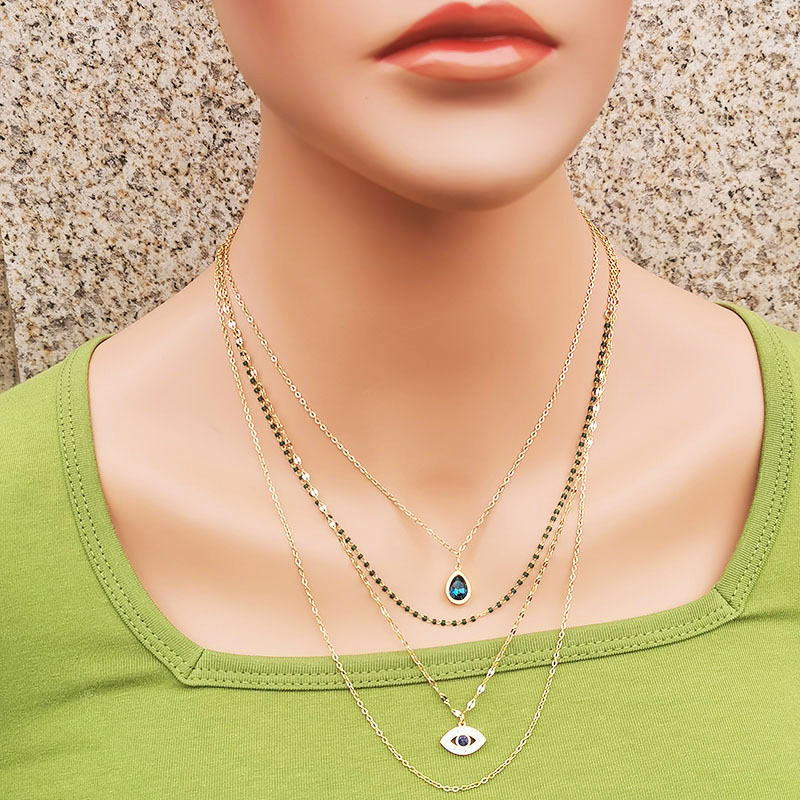 Fashion Devilu0027S Eye Flower Titanium Steel Inlay Inlaid Gold Artificial Gemstones Layered Necklac