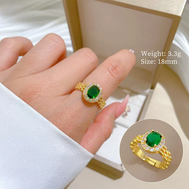 【真金】手表链绿宝石戒指开口可调节款简约手饰日系指环情侣对戒