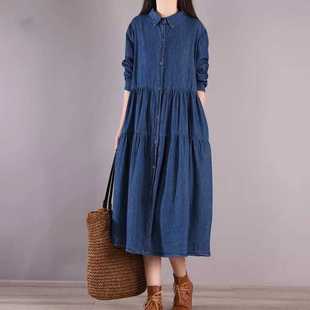 2024 Autumn New Long-sleeved Loose Shirt Collar Grinding White Stitching Pleated Large Dress Denim dress