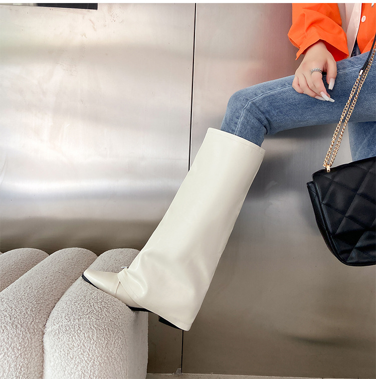 Boot nữ cổ cao mũi nhọn gót dày phong cách phương Tây — Lớp lót nhung đen chi tiết 13